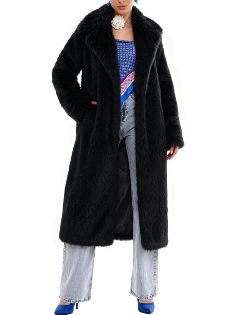 Cozy Women's Long Faux Fur Coat with Lapel Collar & Long Sleeves - Stylish
